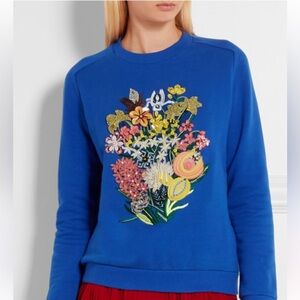 Mary Katrantzou Calty Floral Embellished Cotton Terry Blue Sweatshirt Size XS